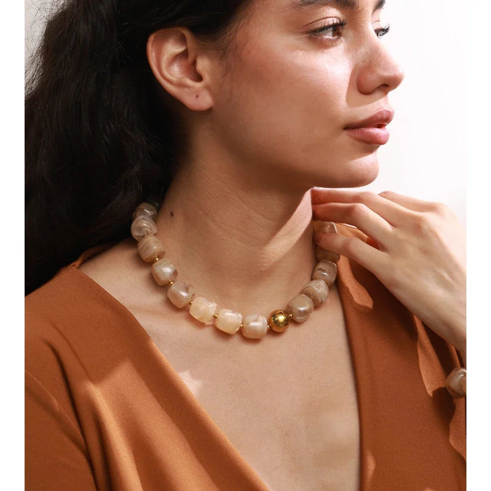 Stainless Steel Acrylic Square Beaded  Chain Necklace & Bracelet