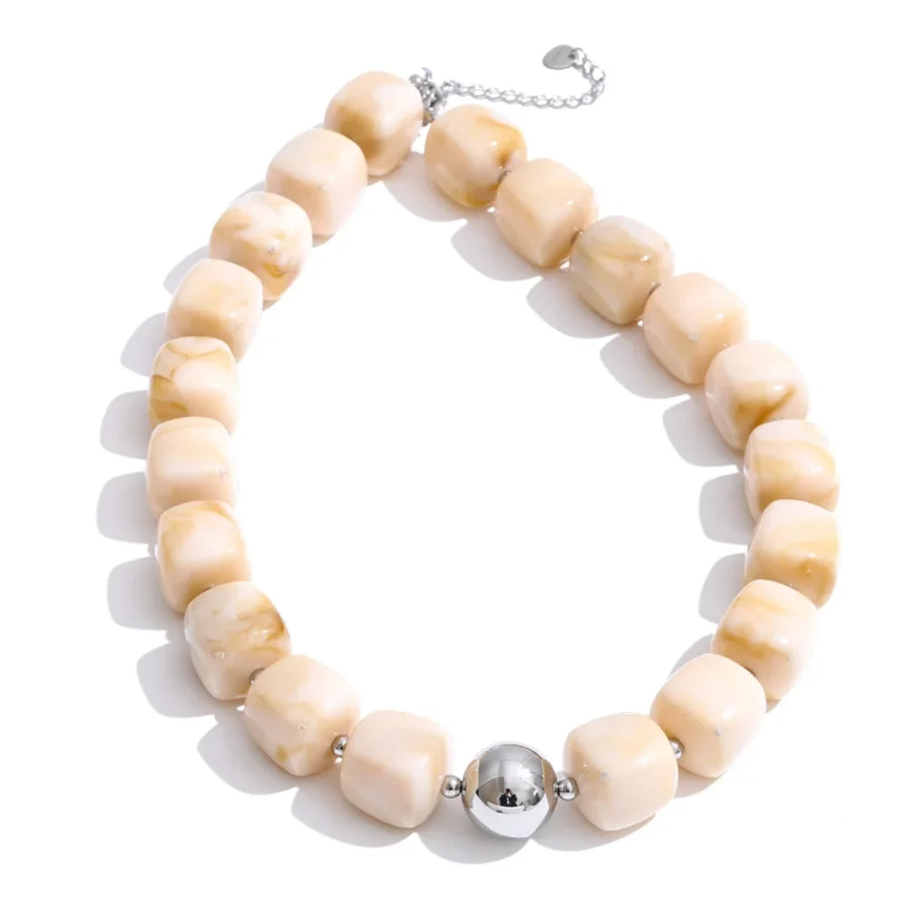Stainless Steel Acrylic Square Beaded  Chain Necklace & Bracelet