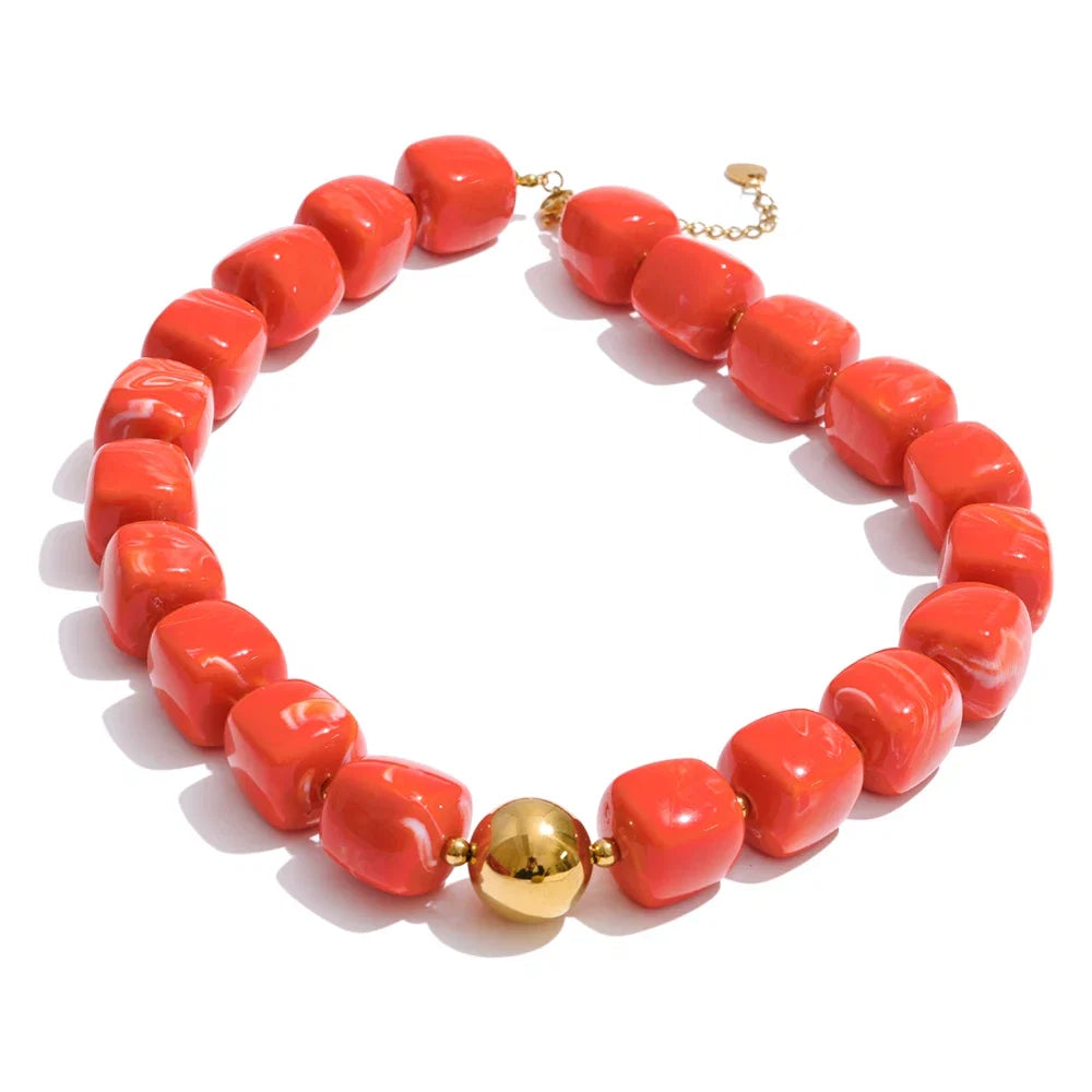Stainless Steel Acrylic Square Beaded  Chain Necklace & Bracelet