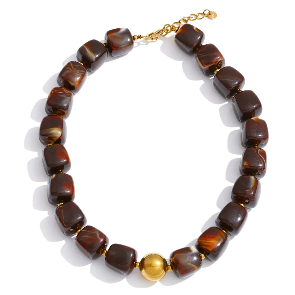 Stainless Steel Acrylic Square Beaded  Chain Necklace & Bracelet