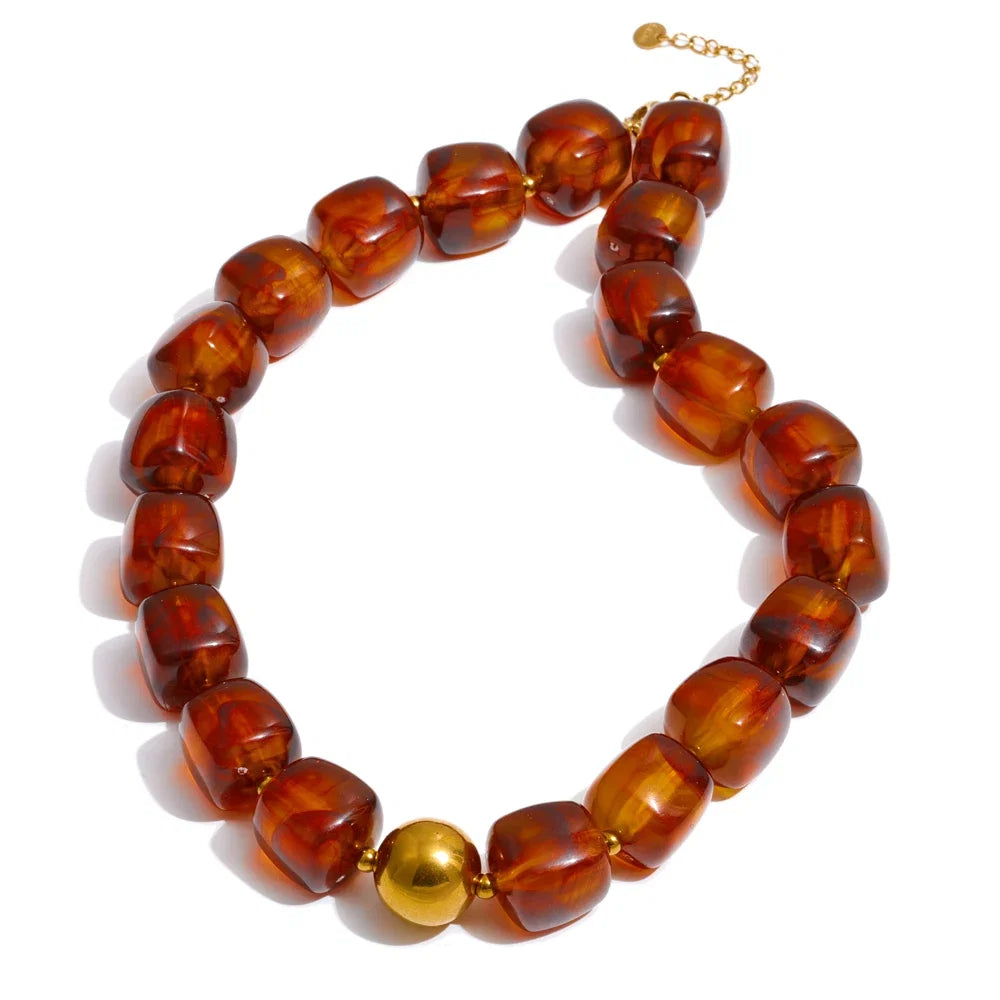 Stainless Steel Acrylic Square Beaded  Chain Necklace & Bracelet