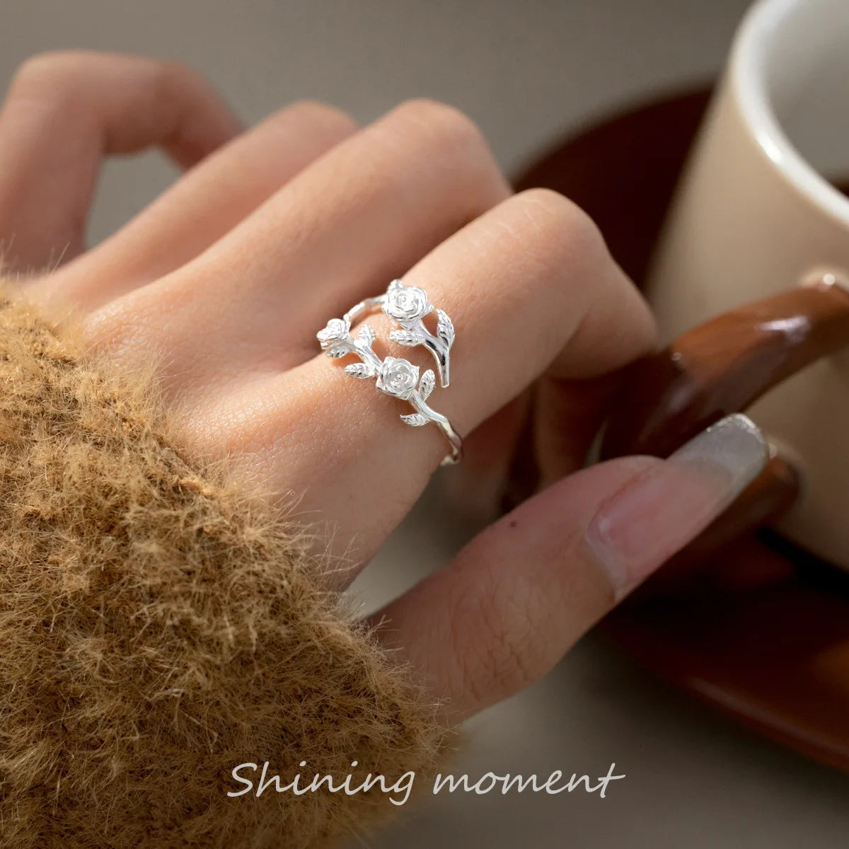 Sterling Silver Adjustable Roses & Branch Ring
