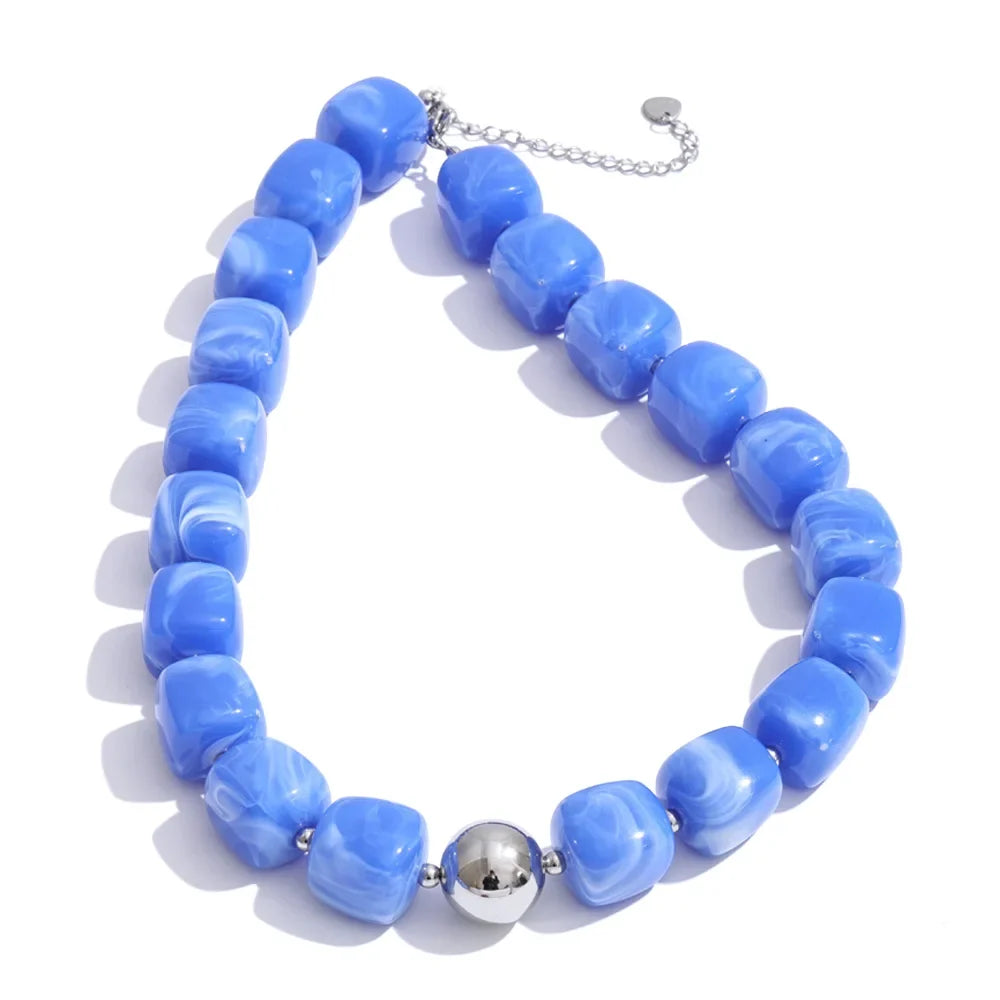 Stainless Steel Acrylic Square Beaded  Chain Necklace & Bracelet