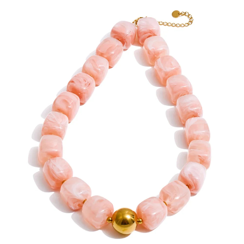 Stainless Steel Acrylic Square Beaded  Chain Necklace & Bracelet