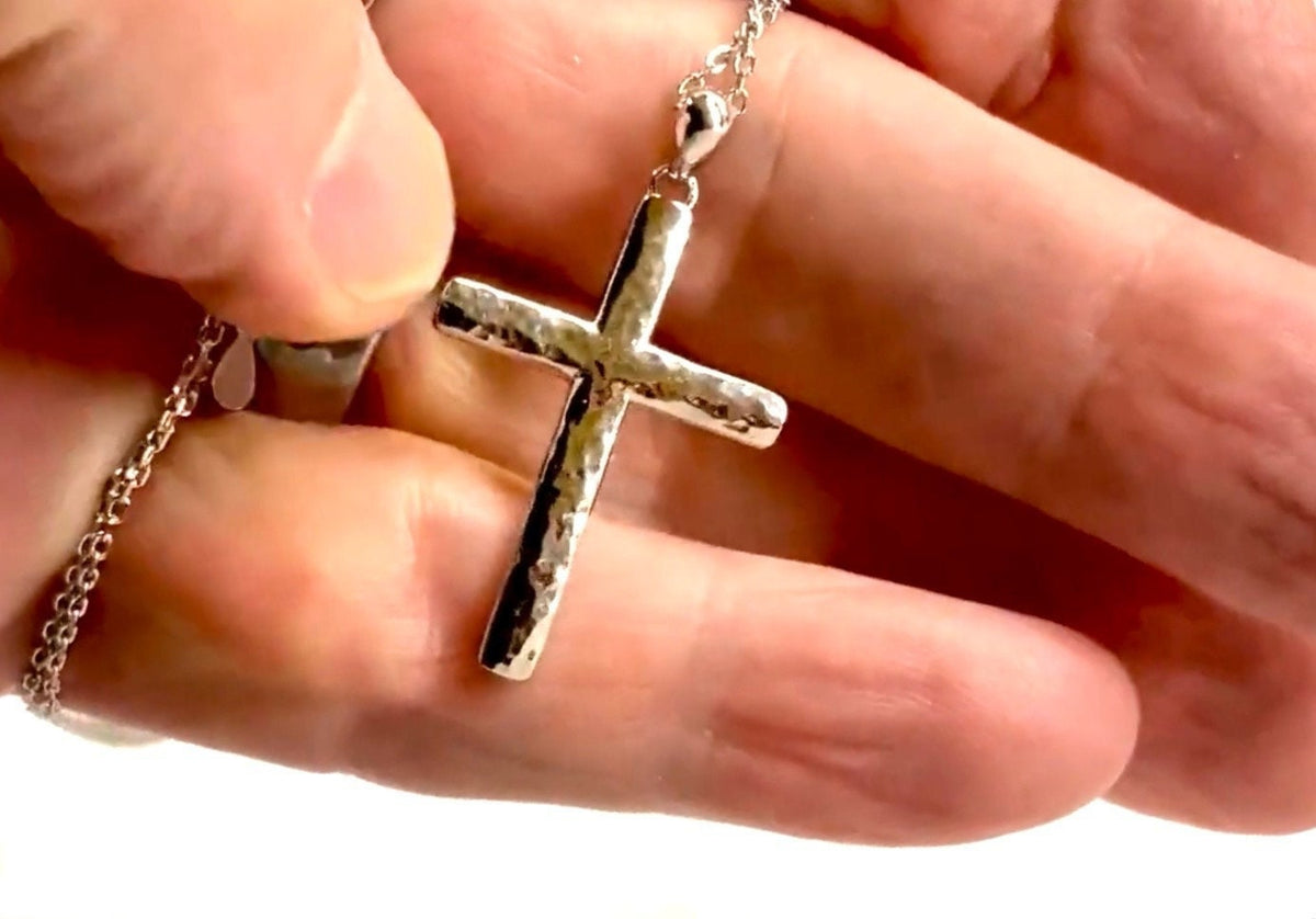 Solid Sterling Silver Hammered Cross Necklace Pendant