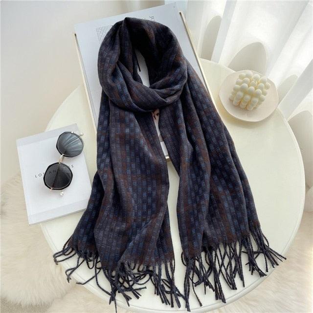 Long Plaid Cashmere Scarf